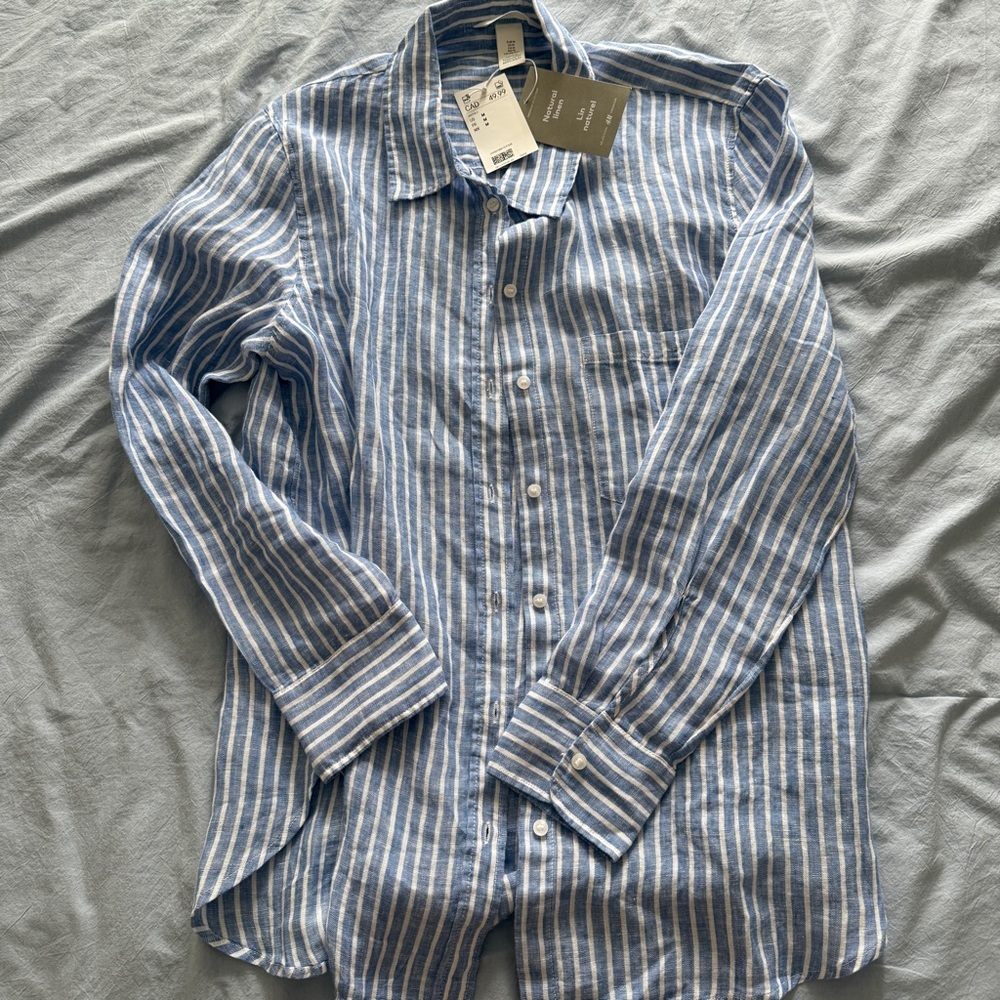H&M blue and white striped linen button down